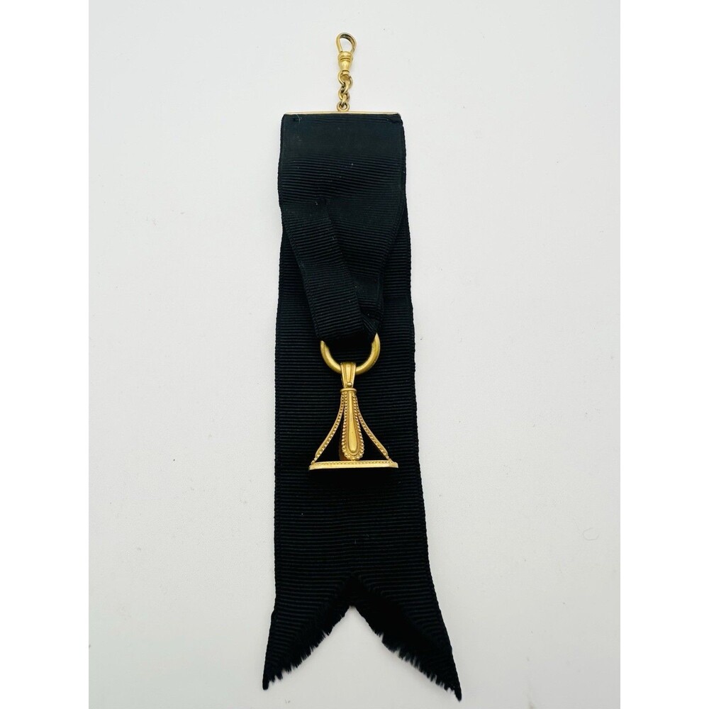 Antique Victorian 10k Yellow Gold Monogrammed Mourning Fob On Black Ribbon